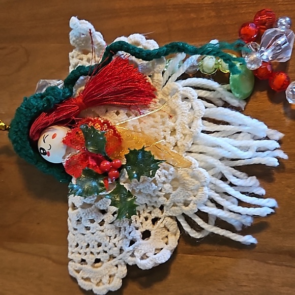 Hand Crafted Crochet Angel white green red colors multicolored plastic beaded - Picture 10 of 17